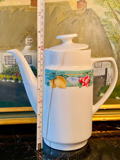 Vintage Large Porcelain Coffee Pot with Fruit Design – Lemon & Cherry Pattern