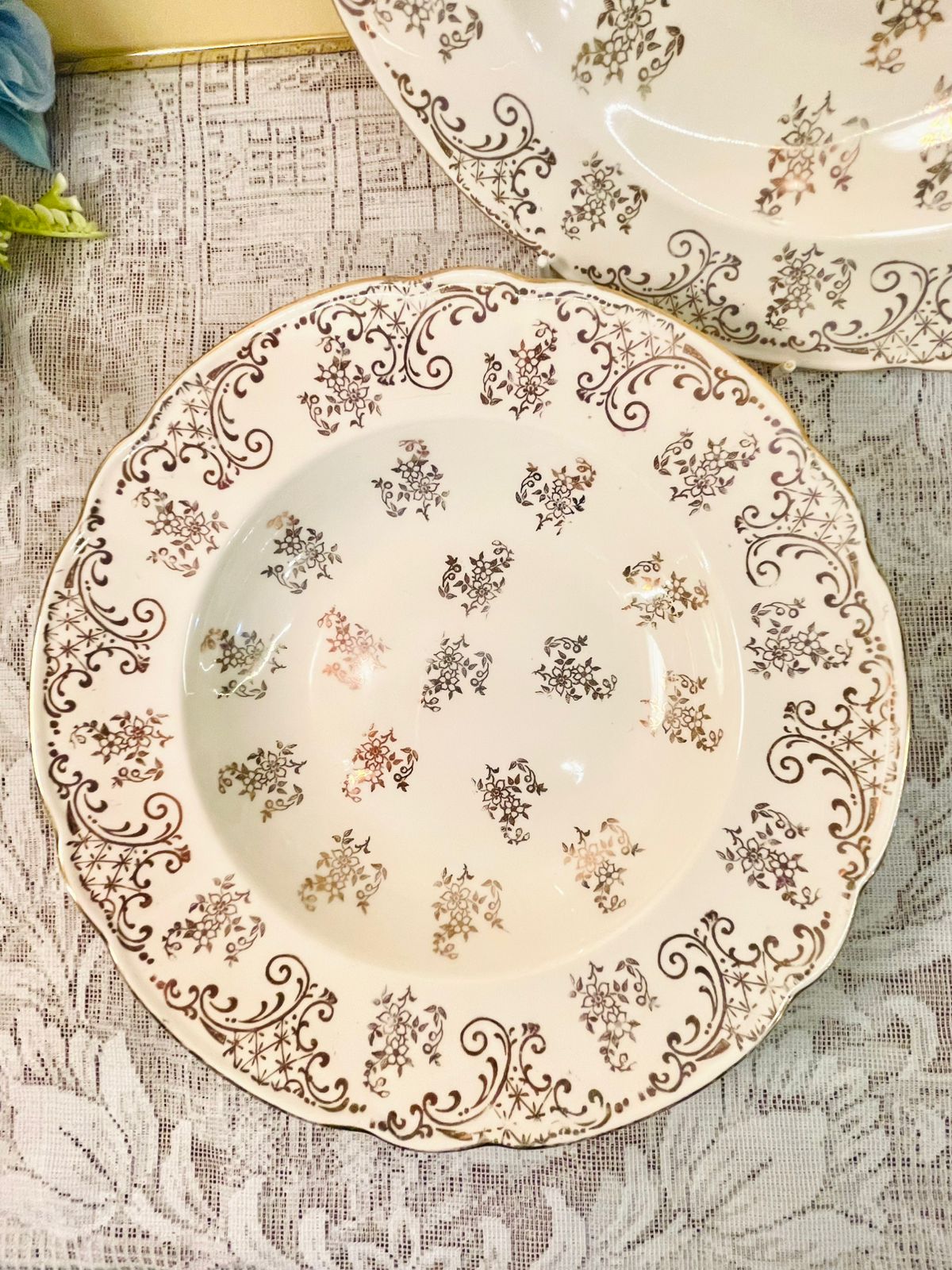 Vintage Gold Floral Porcelain  2 Deep Platers – Set