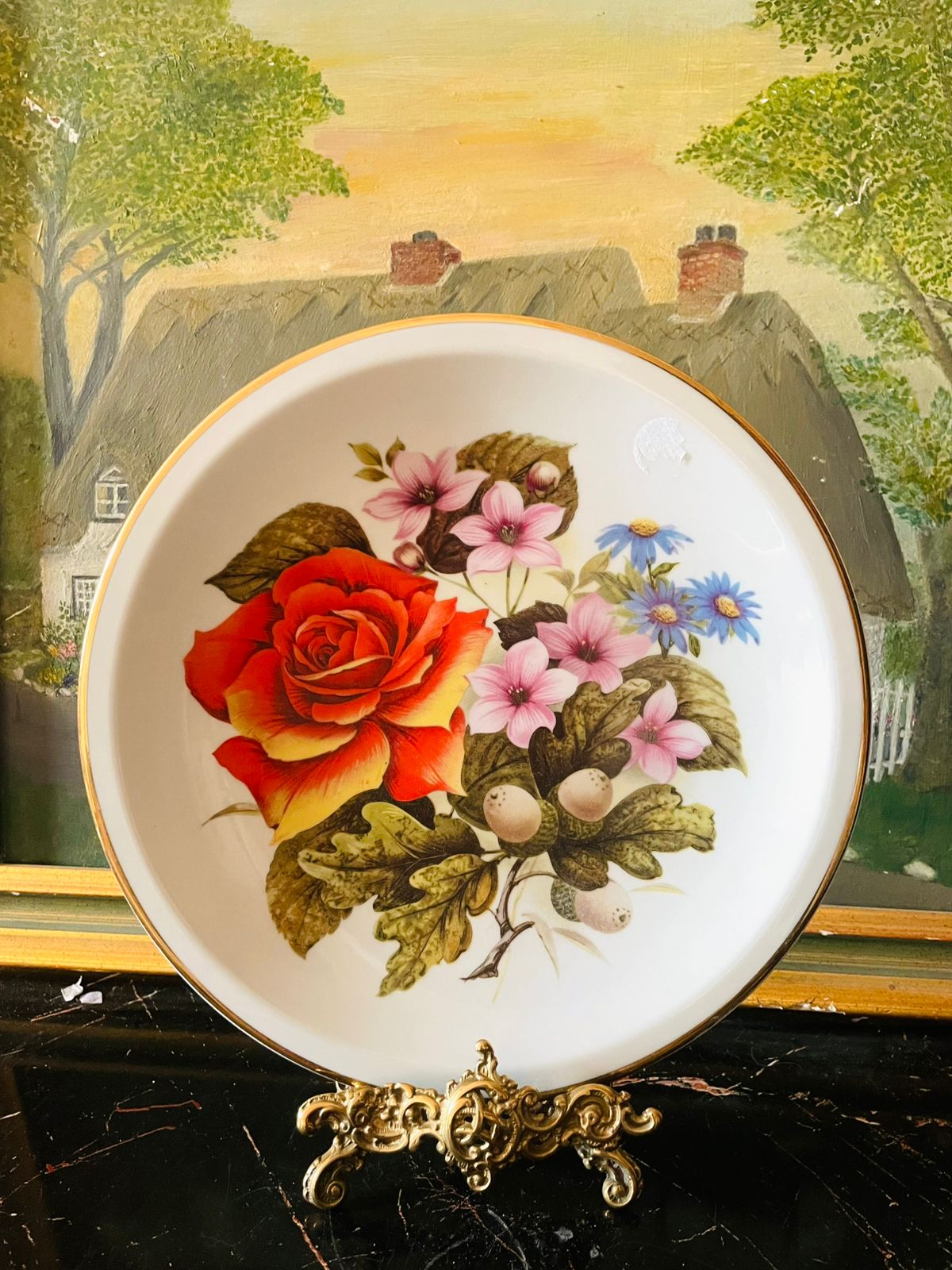the leonardo collection plate, vintage floral wall decor, porcelain rose plate, english cottage decor, fine porcelain collectible, signed vieiria plate, european wall art, gold rim porcelain, rare thrift find, sunset kitchen vintage collection