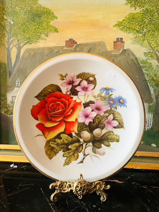 the leonardo collection plate, vintage floral wall decor, porcelain rose plate, english cottage decor, fine porcelain collectible, signed vieiria plate, european wall art, gold rim porcelain, rare thrift find, sunset kitchen vintage collection