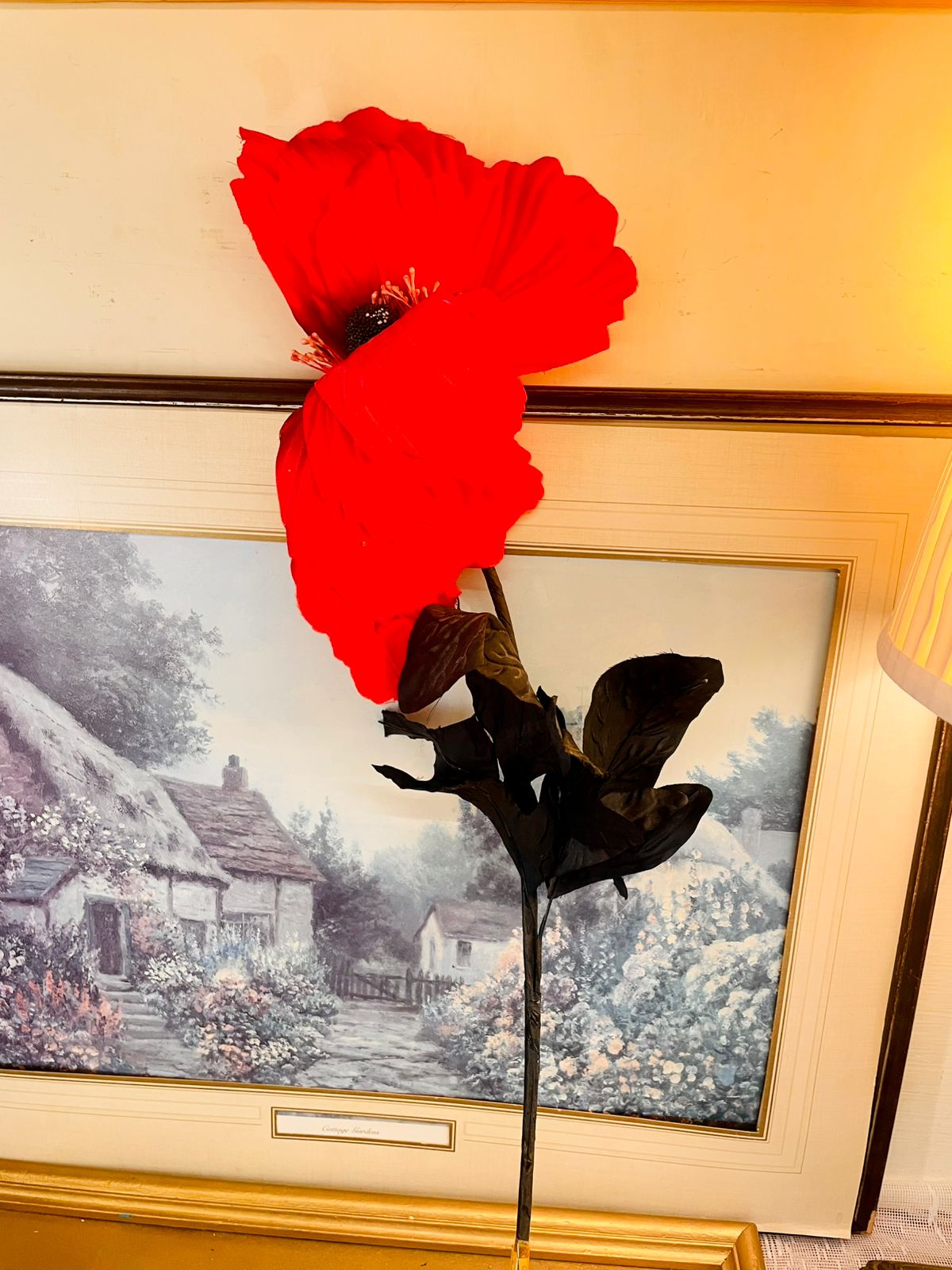 Vintage Red Faux Poppy Stem 28"