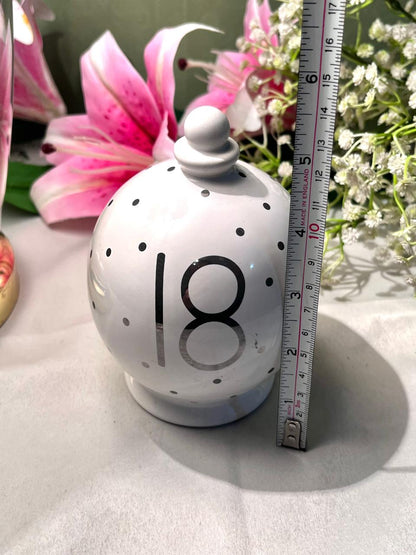 White Ceramic 18th Birthday Coin Bank Black Polka Dot 5.25 Inch