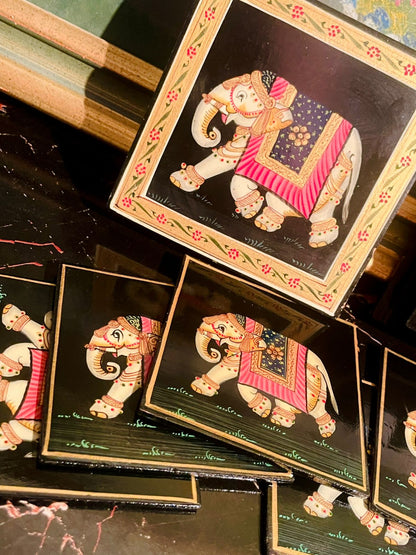 Hand-Painted Elephant Coaster Set (6 pcs with Box) — Rajasthani Art Style