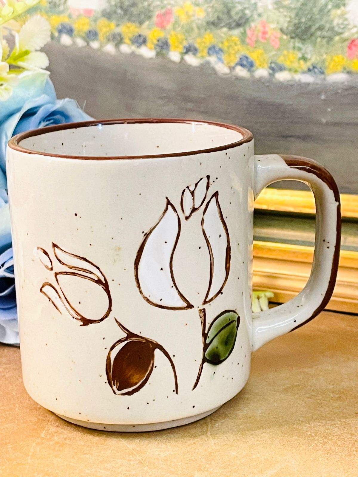 Vintage Korean Botanical Stoneware Mug Set of 4
