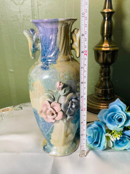 Vintage Pastel Floral Ceramic Vase with Applied Roses 25 cm