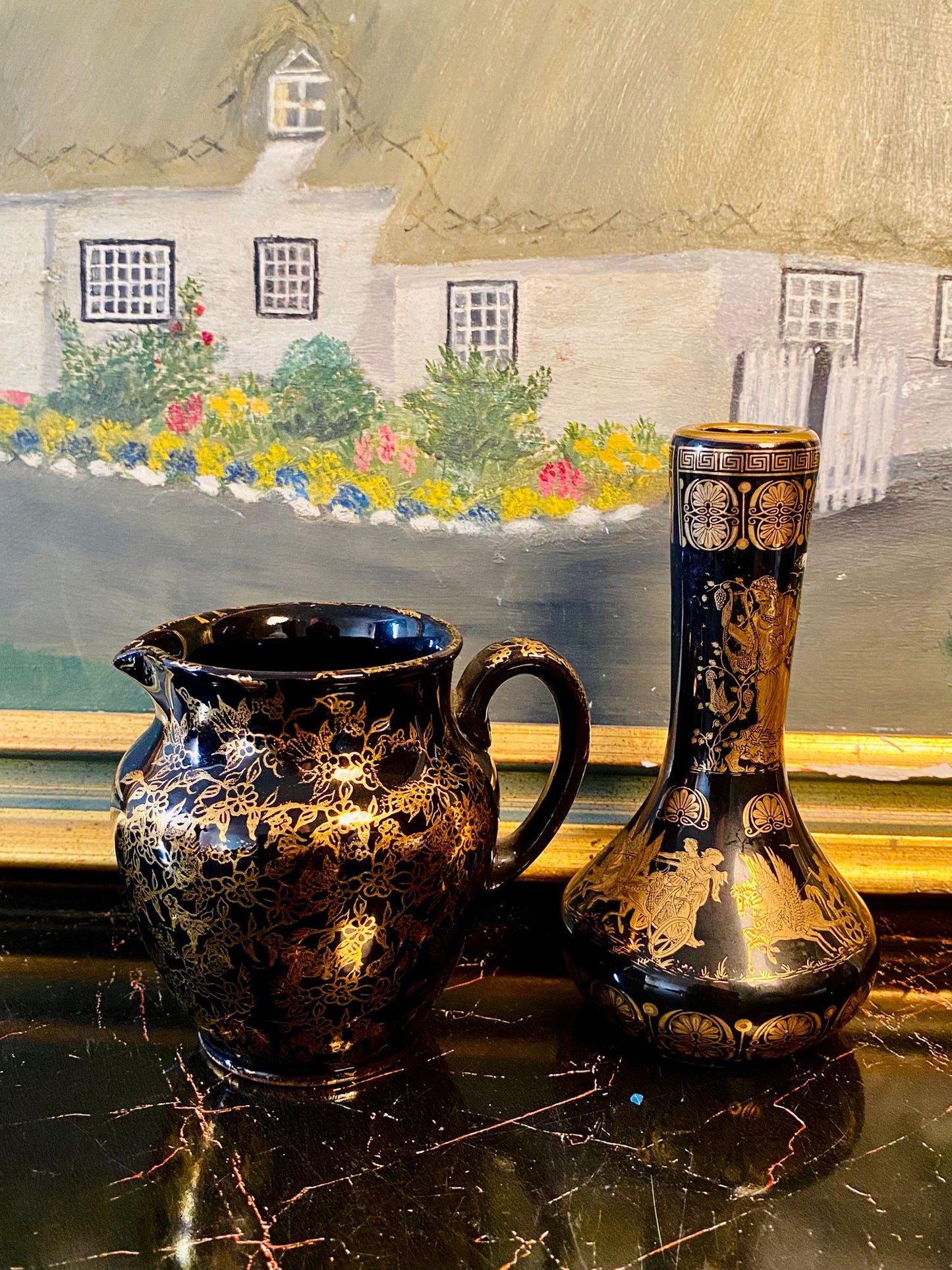 Set of 2 Greek Ceramotechnica Art Pieces – 24kt Black & Gold Jug and Vase Set (6–7 Inches Tall)