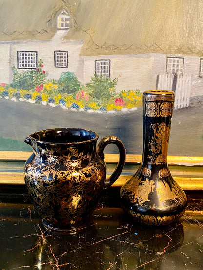 Set of 2 Greek Ceramotechnica Art Pieces – 24kt Black & Gold Jug and Vase Set (6–7 Inches Tall)