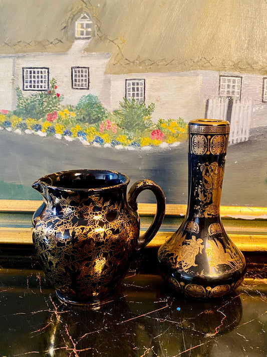 Set of 2 Greek Ceramotechnica Art Pieces – 24kt Black & Gold Jug and Vase Set (6–7 Inches Tall)