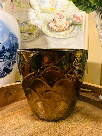 Bronze Gold Embossed Planter — 6 Inch Art Deco Style Decor Pot