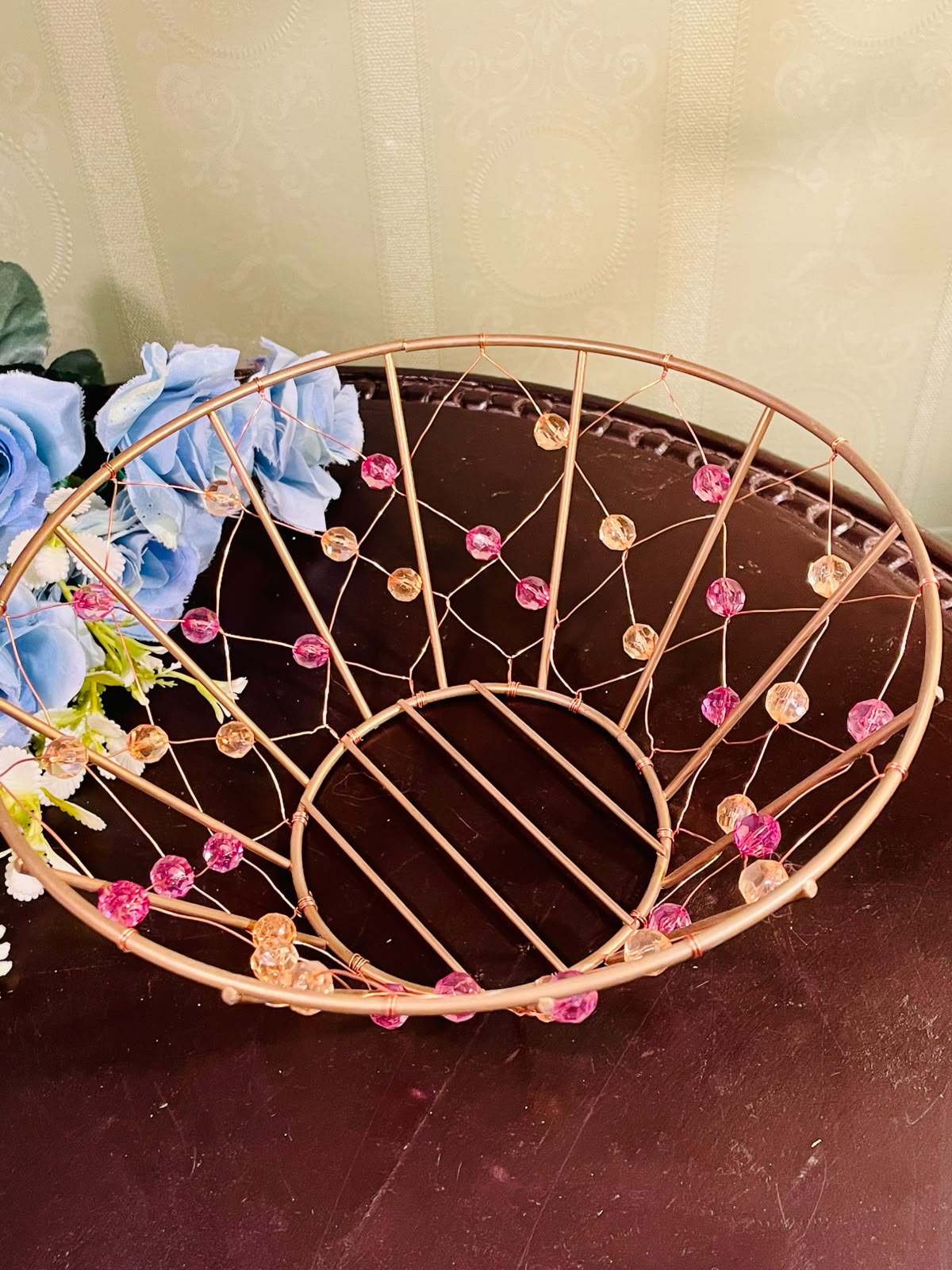 Decorative Gold Metal Fruit Basket with Crystal Bead Accents