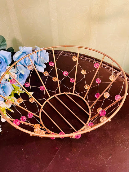 Decorative Gold Metal Fruit Basket with Crystal Bead Accents