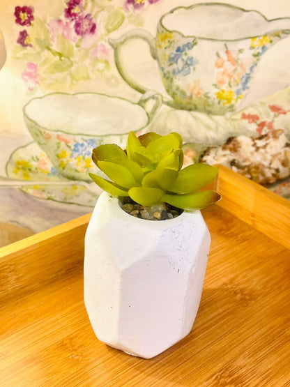 Artificial Succulent in White Geometric Pot – Realistic Faux Plant Decor