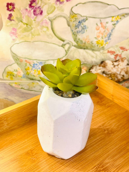 Artificial Succulent in White Geometric Pot – Realistic Faux Plant Decor