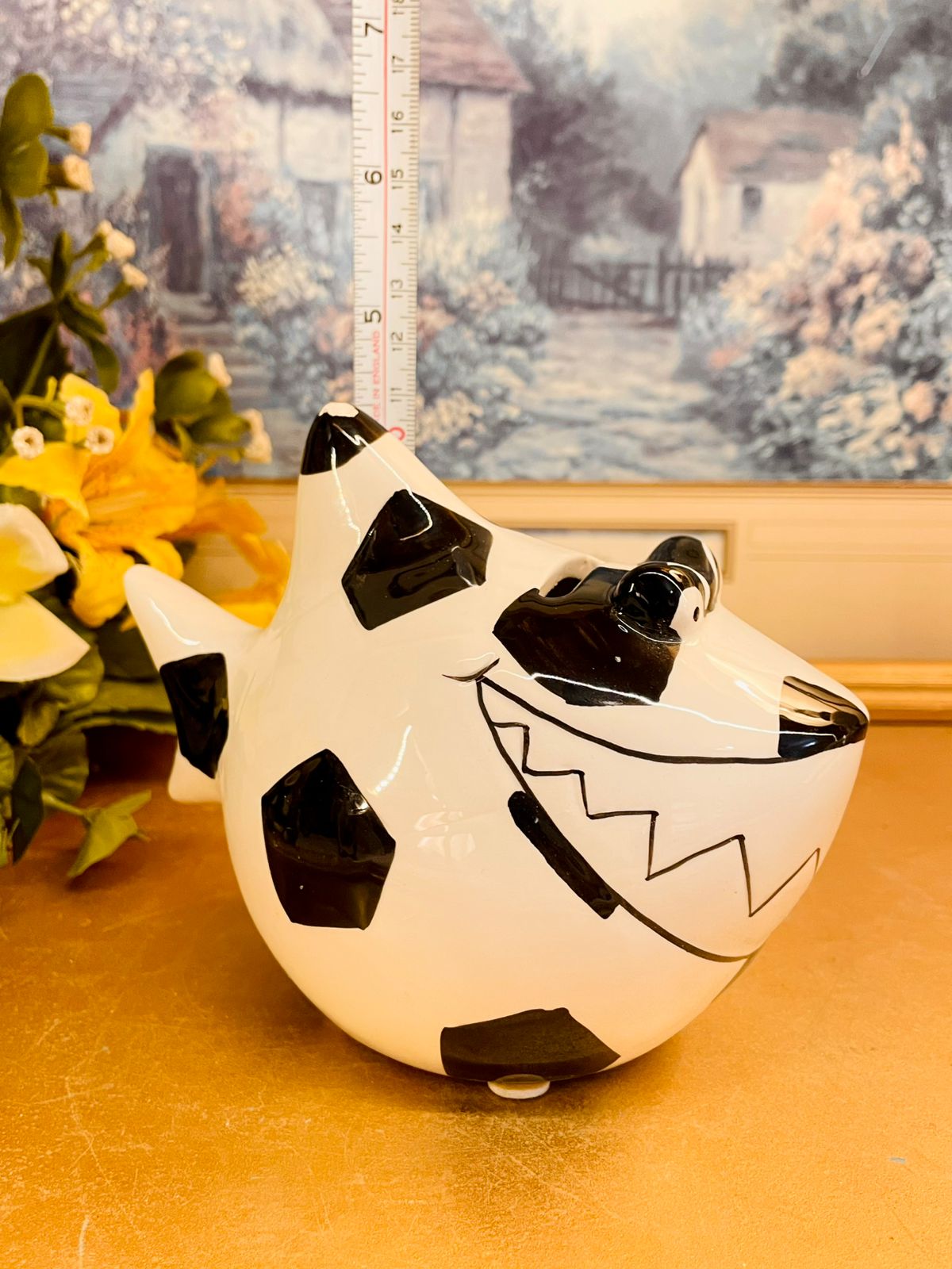 Vintage Ceramic Dog Money Box Black & White Coin Bank