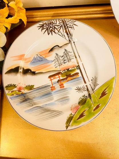 Set of 6 Vintage Japanese Landscape Cake Plate Set Hand Painted