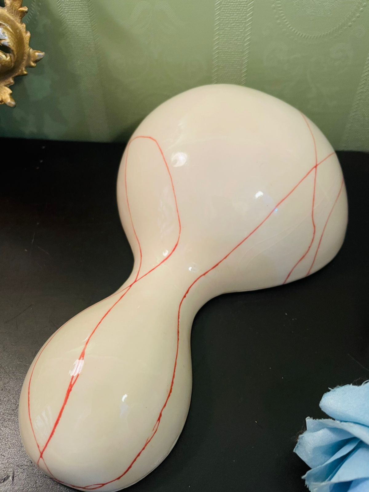 Vintage Ceramic Double Serving Dish 9 Inch Cream Red Line