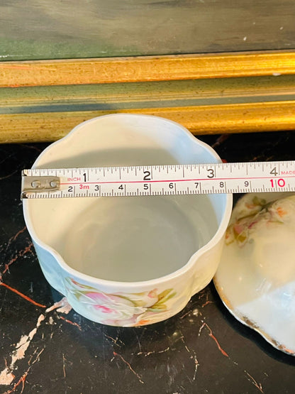 Vintage Porcelain Trinket Jar with Lid – Hand-Painted Pink Roses – 3.5 Inches