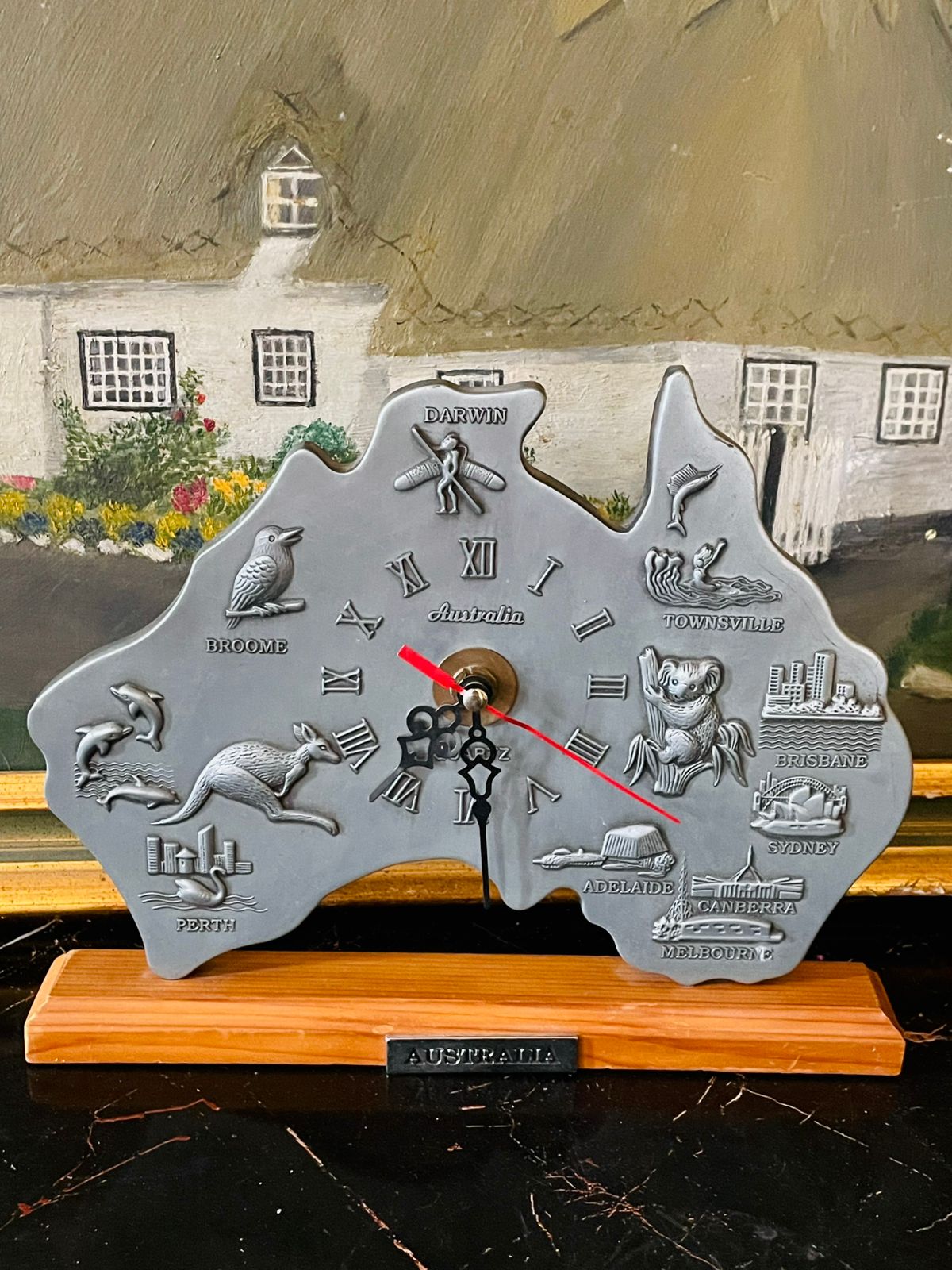 Australia clock, Australia souvenir, map clock, collectible desk clock, table clock, Roman numeral clock, travel souvenir décor, Australian landmarks, kangaroo décor, koala décor, Brisbane Sydney Perth décor, unique home décor Pakistan, desk accessories, gift for traveler, world map décor, Sunset Kitchen décor collection