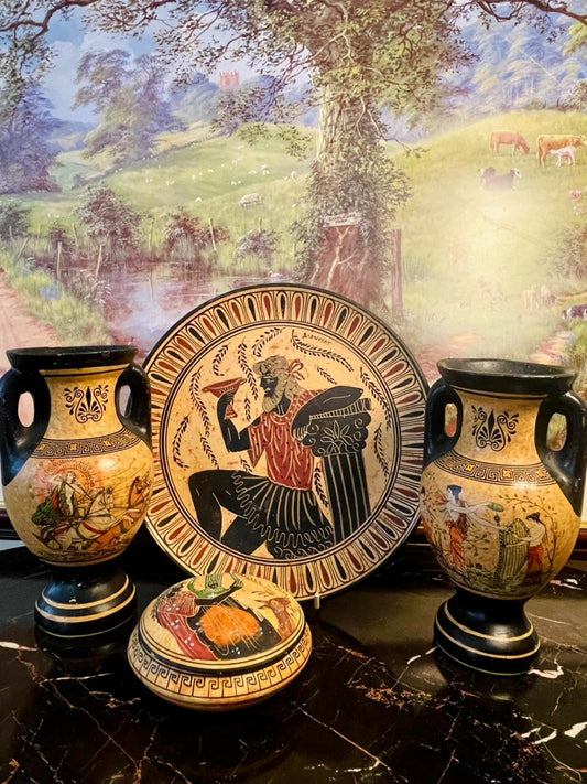greek pottery, greek mythology decor, ancient greek vase, vintage greek plate, collectible pottery set, hand painted greek vase, amphora vase, greek lidded bowl, dionysus pottery, european antiques, greek home decor, mediterranean style decor, antique pottery set, greek souvenir, mythology art