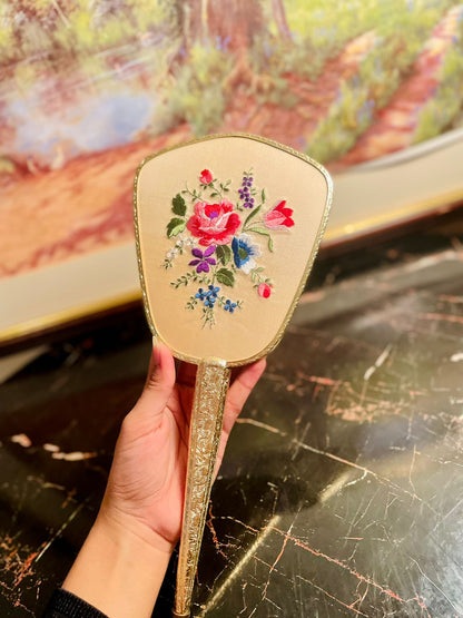 Vintage Handheld Vanity Mirror with Embroidered Floral Back – England