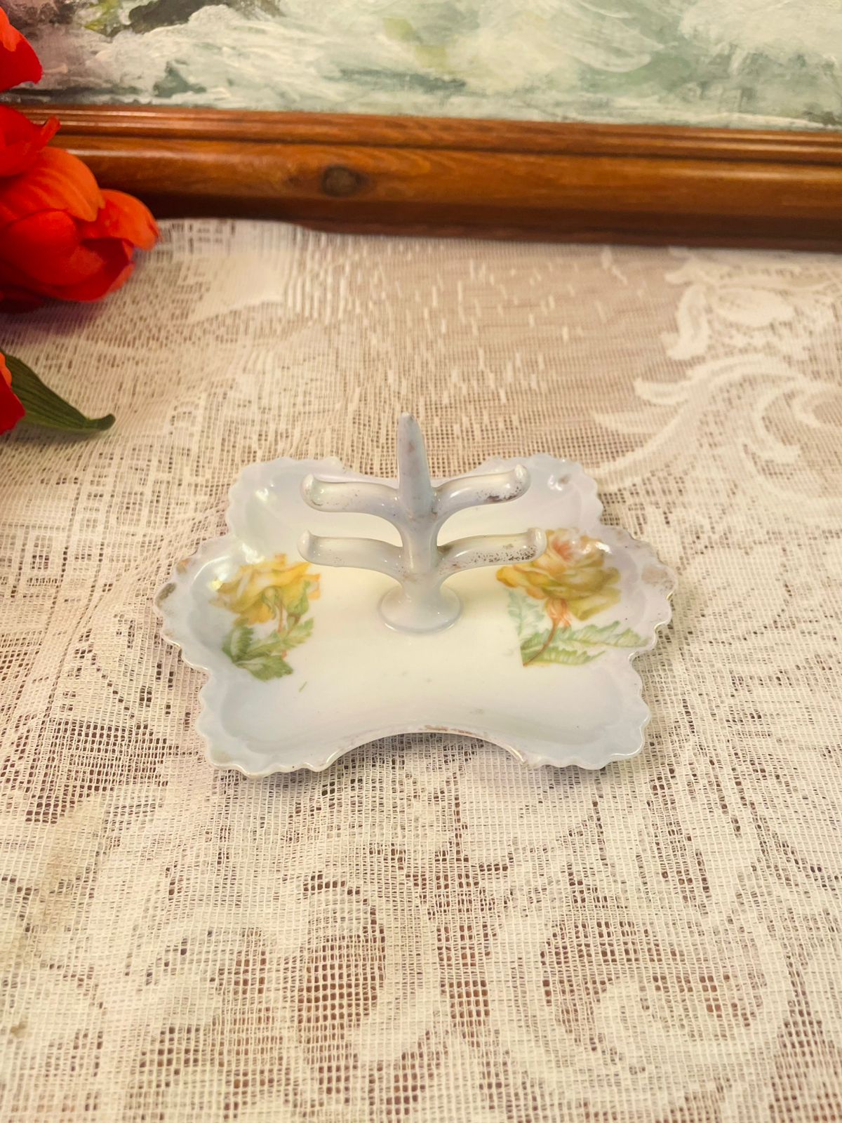 Vintage Floral Porcelain Ring Holder 4 inch