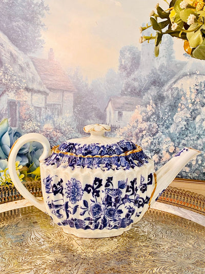 Vintage Blue White Teapot Floral Pattern Gold Trim England