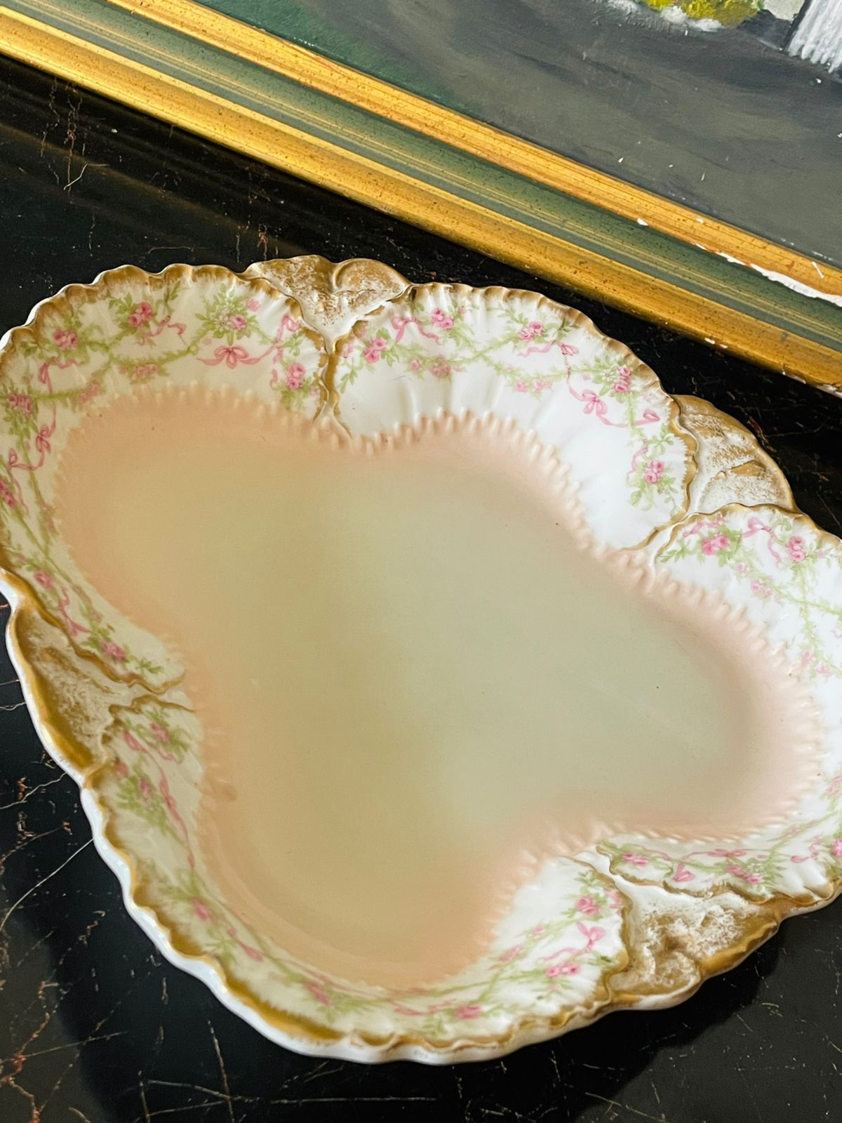 Antique H.B. Limoges France Hand-Painted Floral Serving Bowl – Pink & Gold Scalloped Porcelain