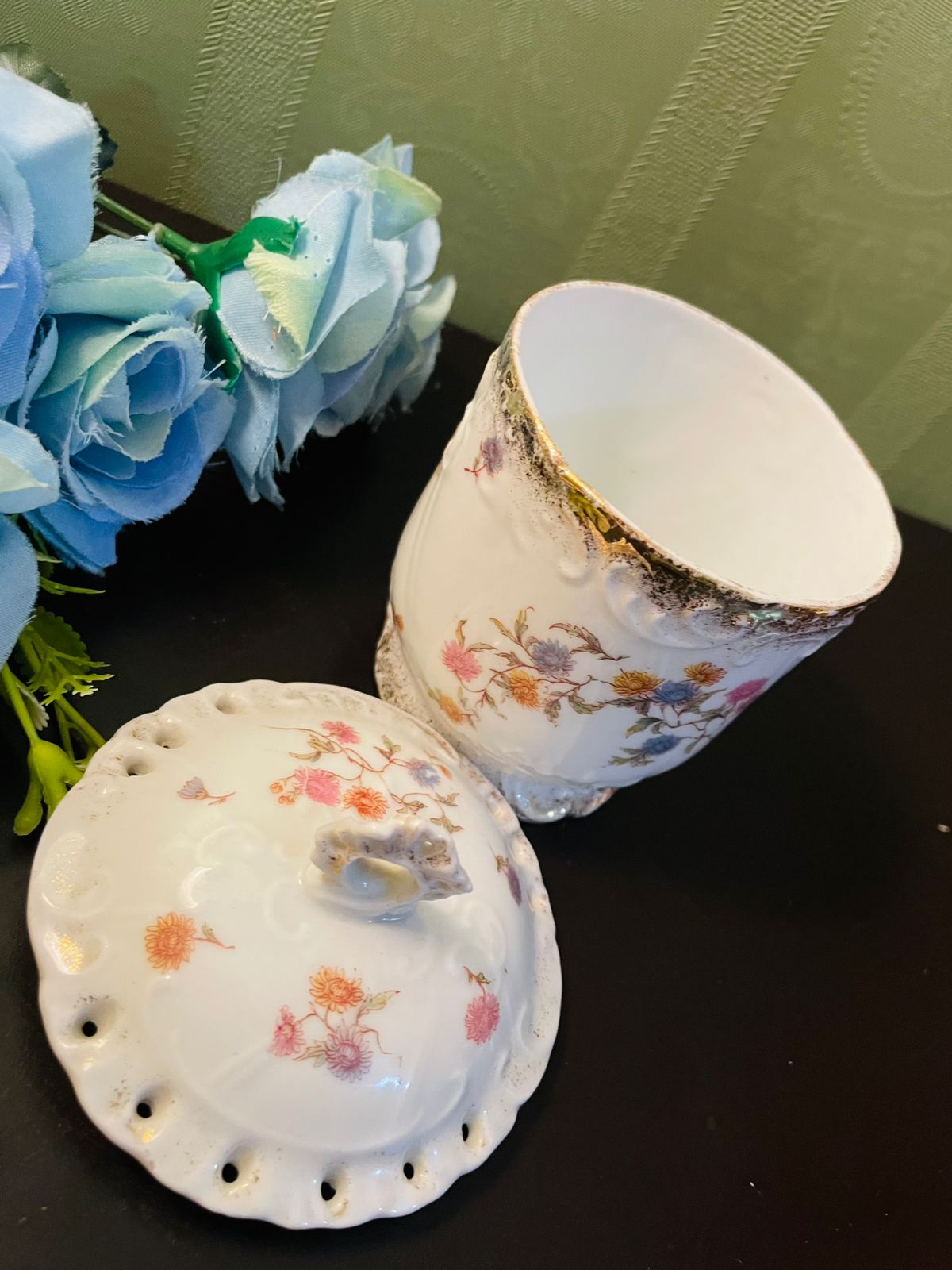Vintage Floral Porcelain Lidded Trinket Jar