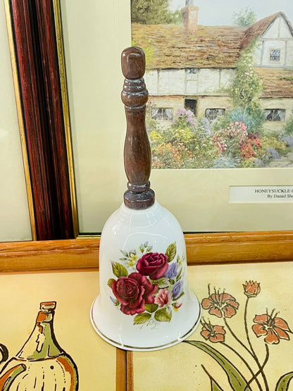 Vintage Bell, Floral Bell, China Bell, Rose Pattern Decor, Wooden Handle Bell, Cottage Style Decor, Romantic Home Decor, Collectible Bell, Display Decor, Curio Collection, Table Accent Piece