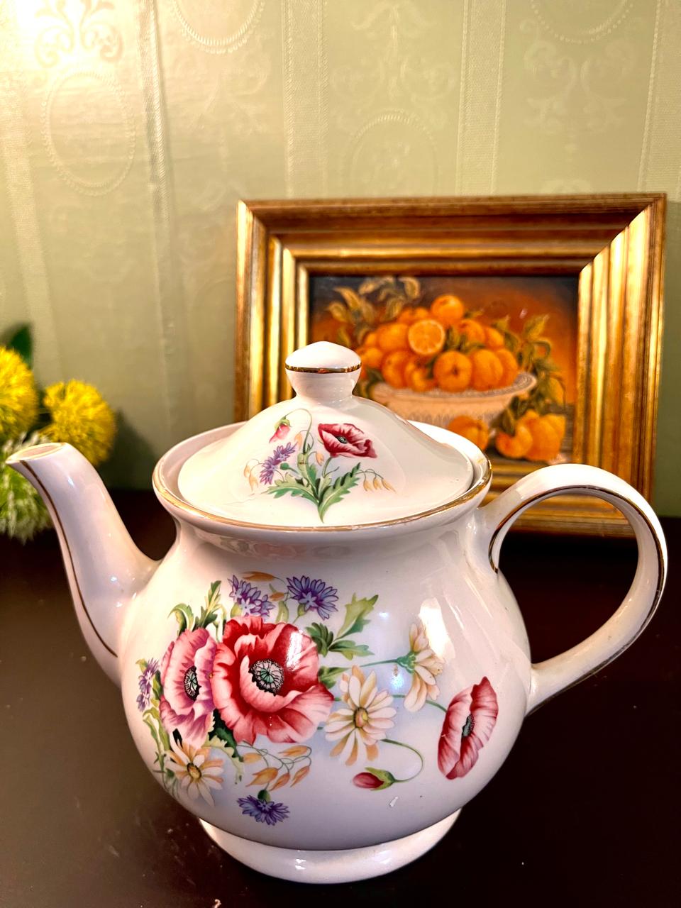 Vintage Floral Porcelain Teapot with Gold Trim – 7 Inch