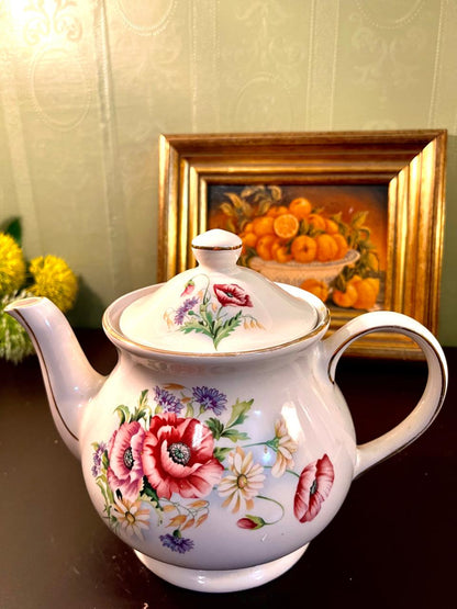 Vintage Floral Porcelain Teapot with Gold Trim – 7 Inch