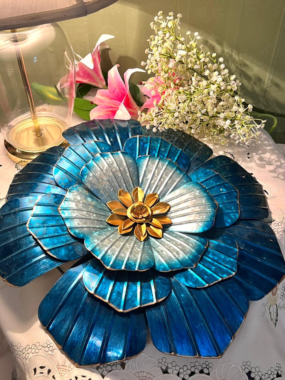 Large Blue Metal Layered Flower Wall Decor 17 Inch