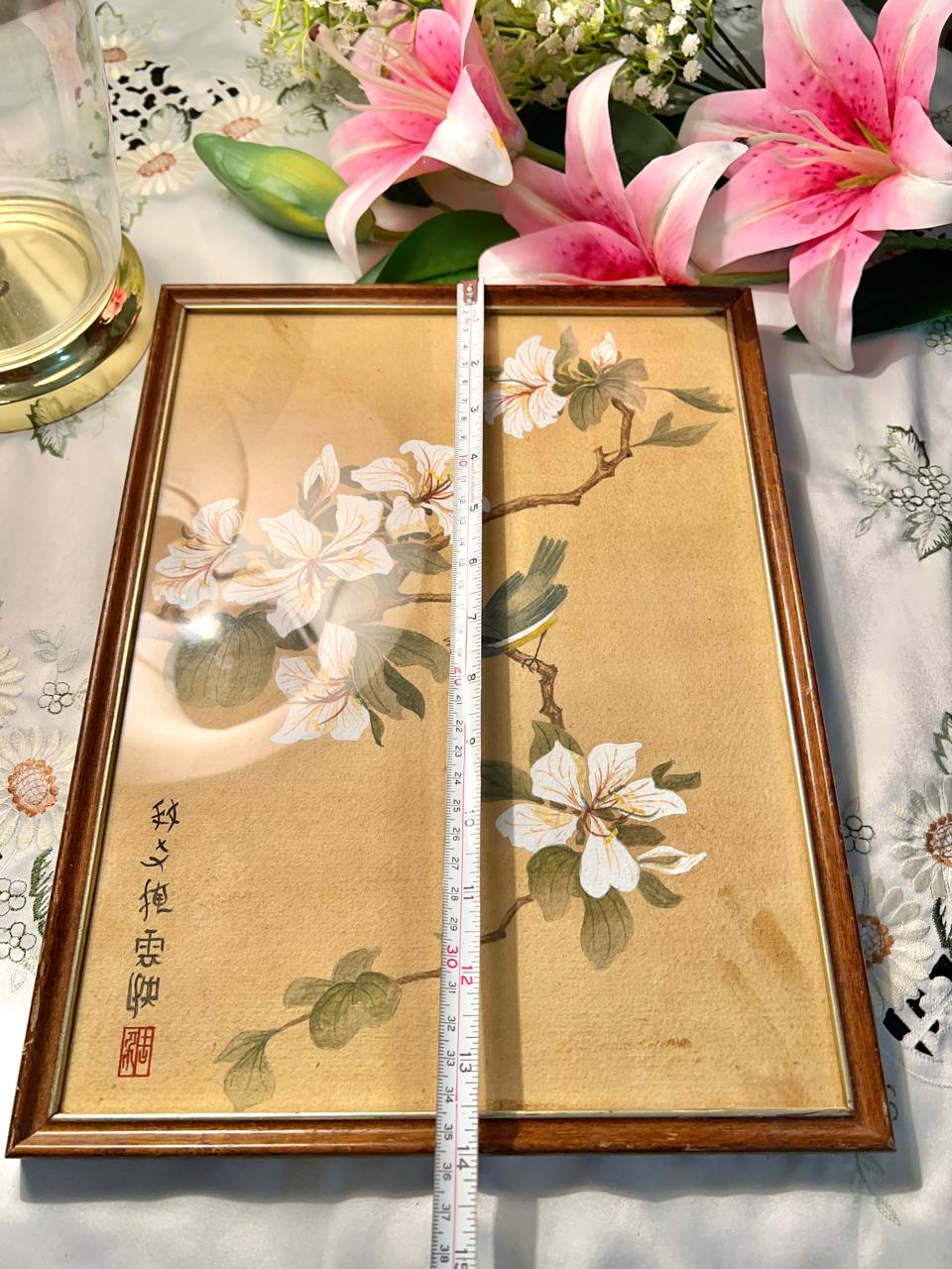 Vintage traditional Chinese Bird-and-Flower painting (Huaniao-hua Framed Botanical  14"inch