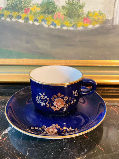 Vintage Sunlit Park Japan Cobalt Blue Mini Cup & Saucer – Hand-Painted Gold Floral Design – 2.5 Inches