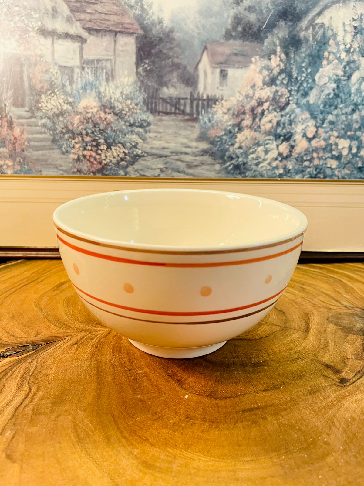 White Porcelain Bowl Orange Stripe Polka Dot Microwave Safe