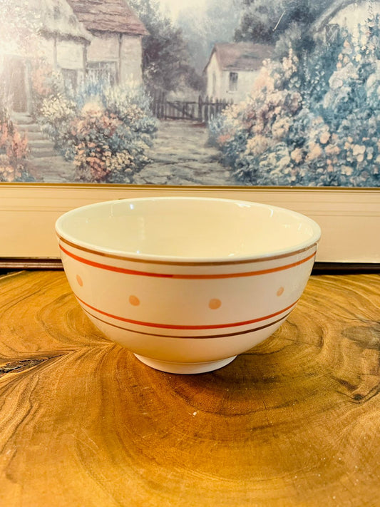 White Porcelain Bowl Orange Stripe Polka Dot Microwave Safe