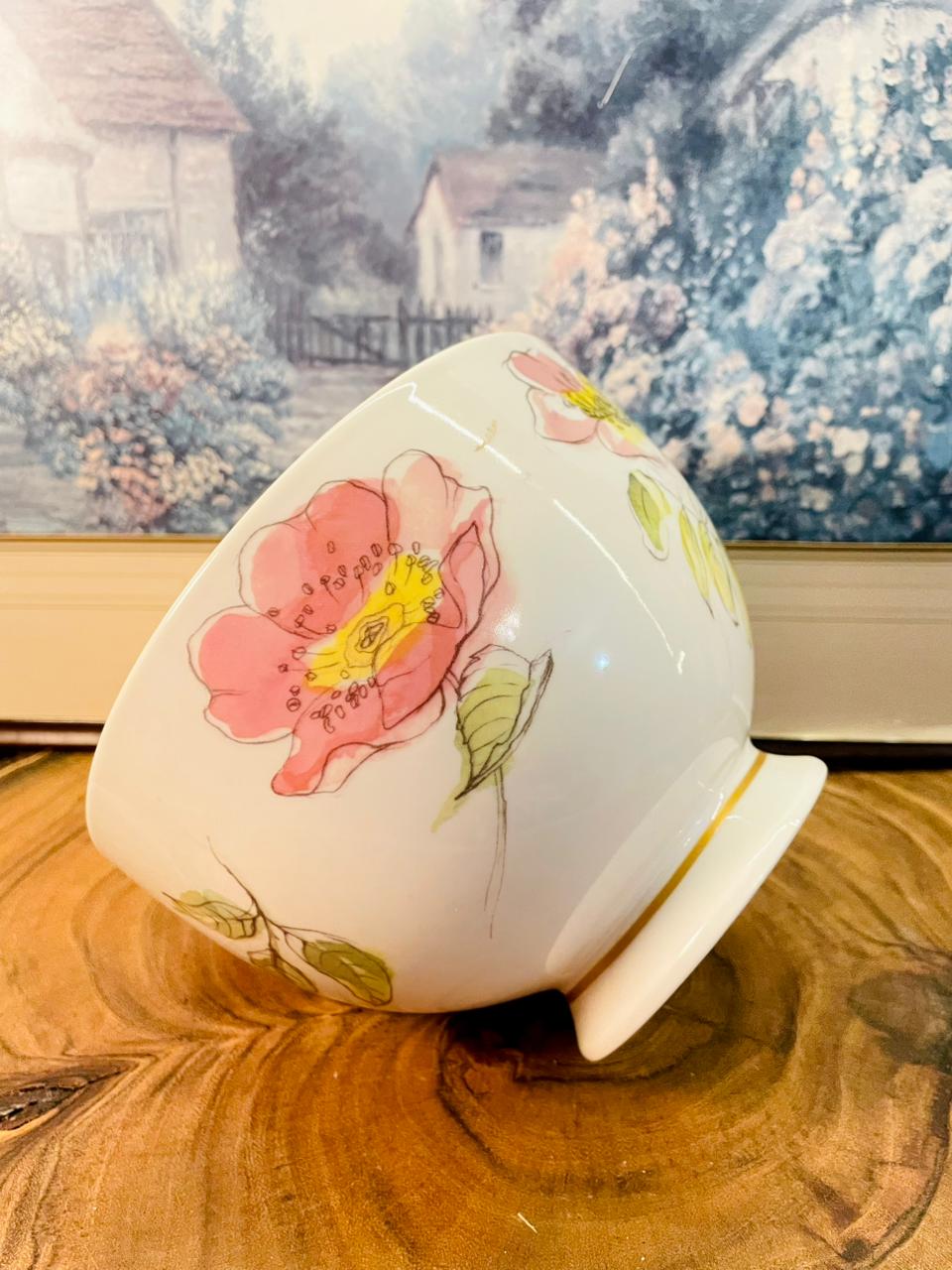 Vintage Floral Porcelain Bowl Pink Flower Pedestal Bowl