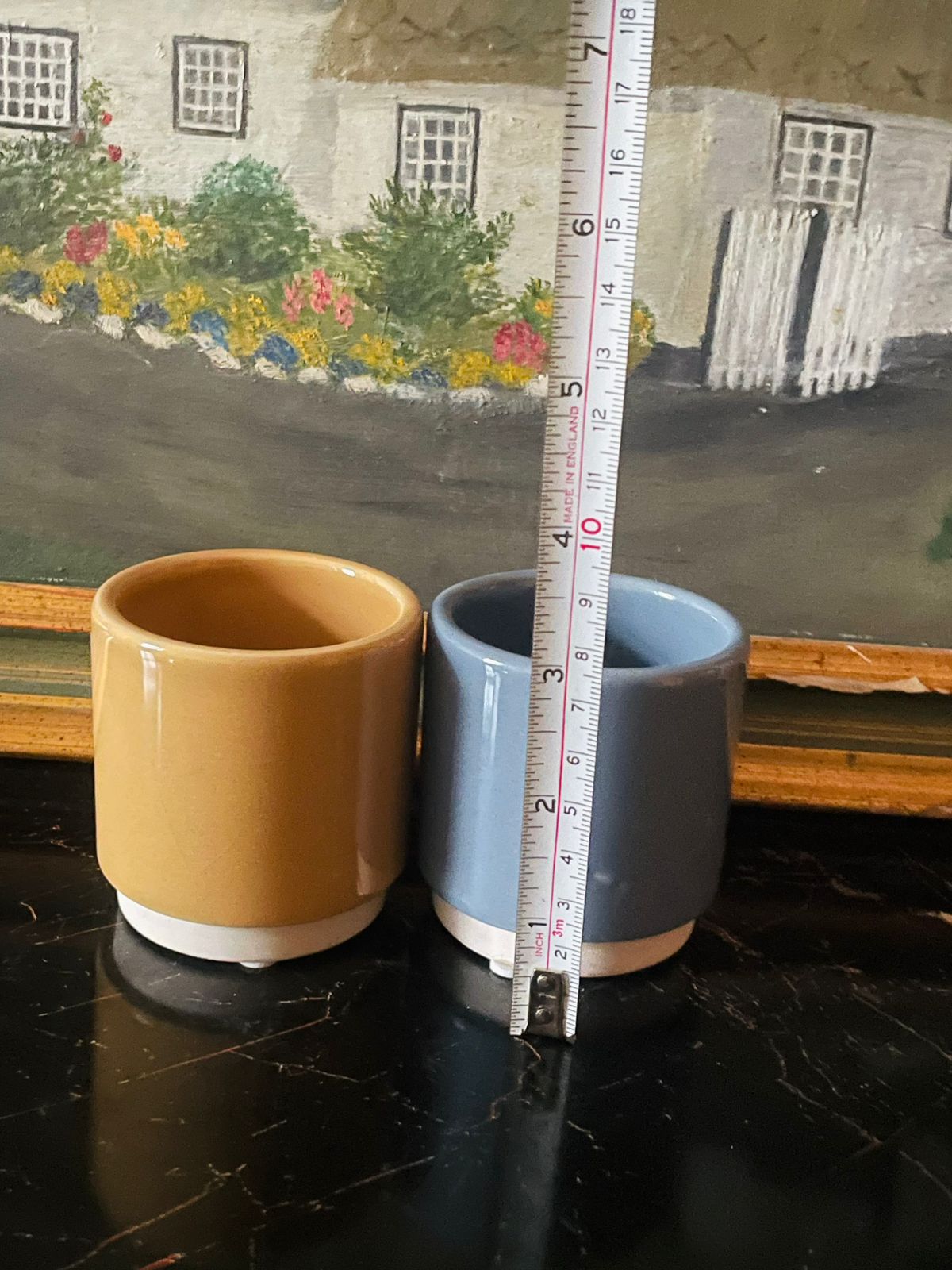 Mini Ceramic Plant Pots Set – Mustard & Blue Gloss Finish | Made in England