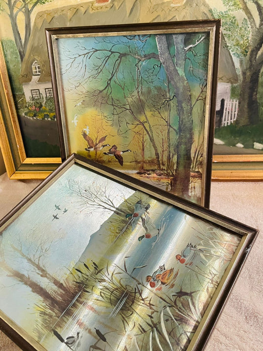 Set of 2 Vintage Holographic Flying Geese on Lake Art– 3D Illustration Frames