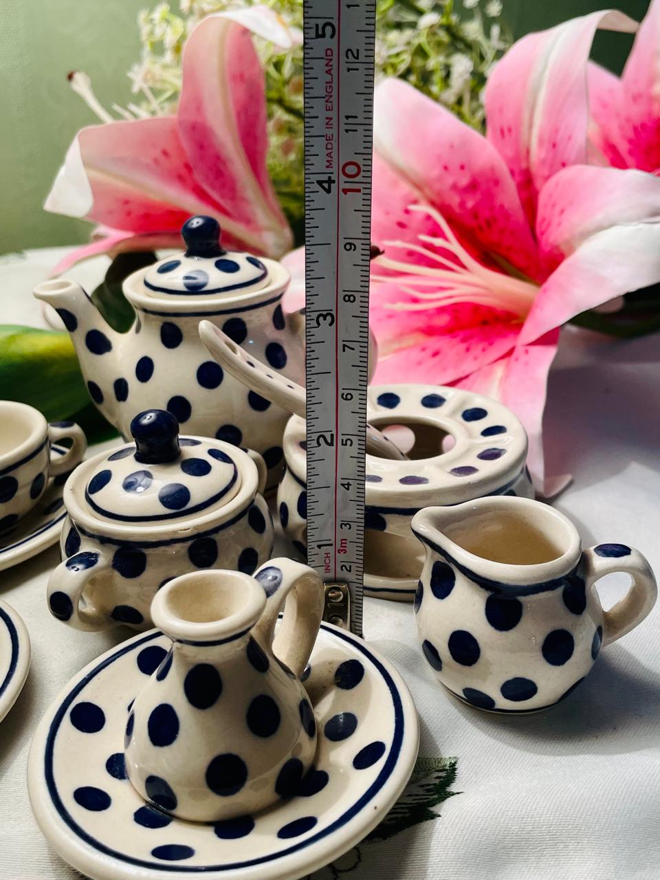 Vintage Blue Polka Dot Miniature Ceramic Tea Set 13 Piece