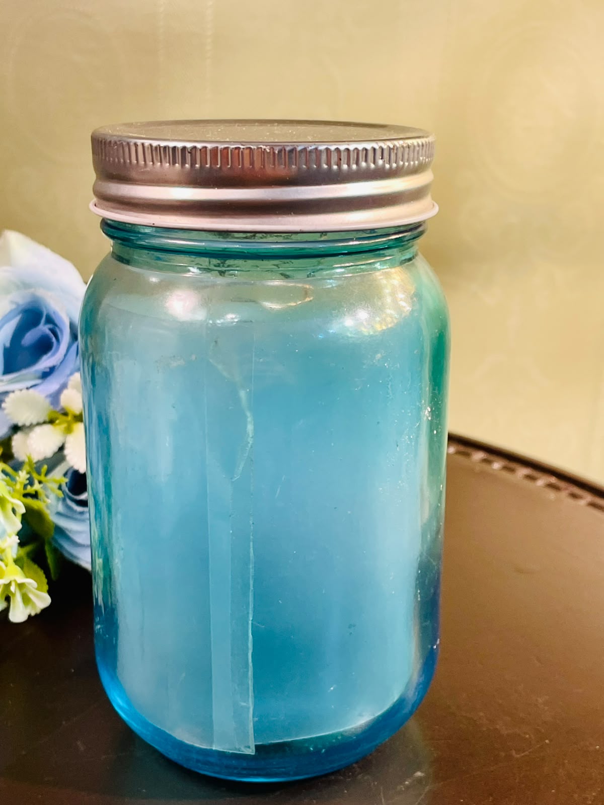 Blue LED Candle in Crystal Jar 15cm
