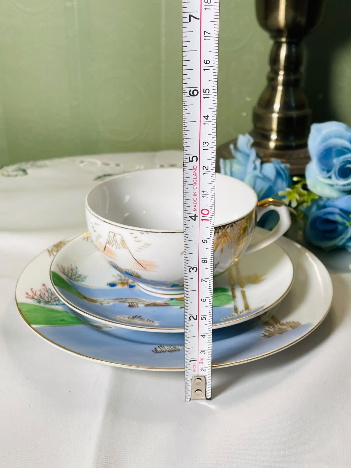 Vintage Japanese Landscape 3-Piece Cup Saucer Plate Set