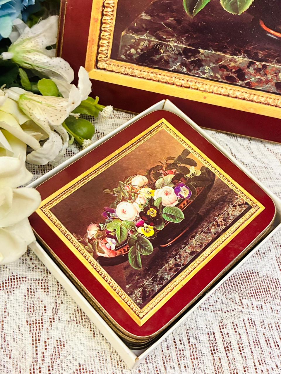Vintage Floral Artwork Tray Set — 12in Tray + 6 Coasters + 6 Mats