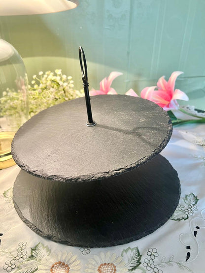 10 Inch Black Slate Stone Two-Tier Serving Stand