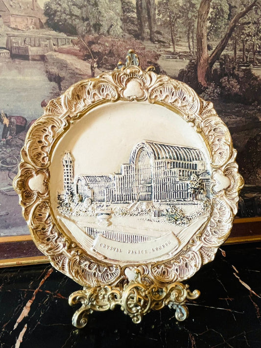 Austrian relief plate, Crystal Palace London souvenir, antique architectural plate, Vienna pottery, vintage European wall decor, gilded Rococo plate, historical building collectible, rare Austrian ceramic, English landmark souvenir, heritage home decor Pakistan