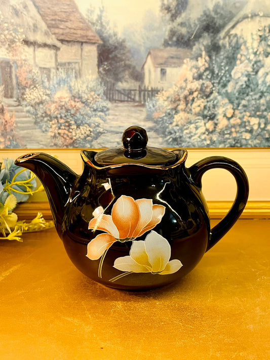 Vintage Floral Black Ceramic Teapot with Lid