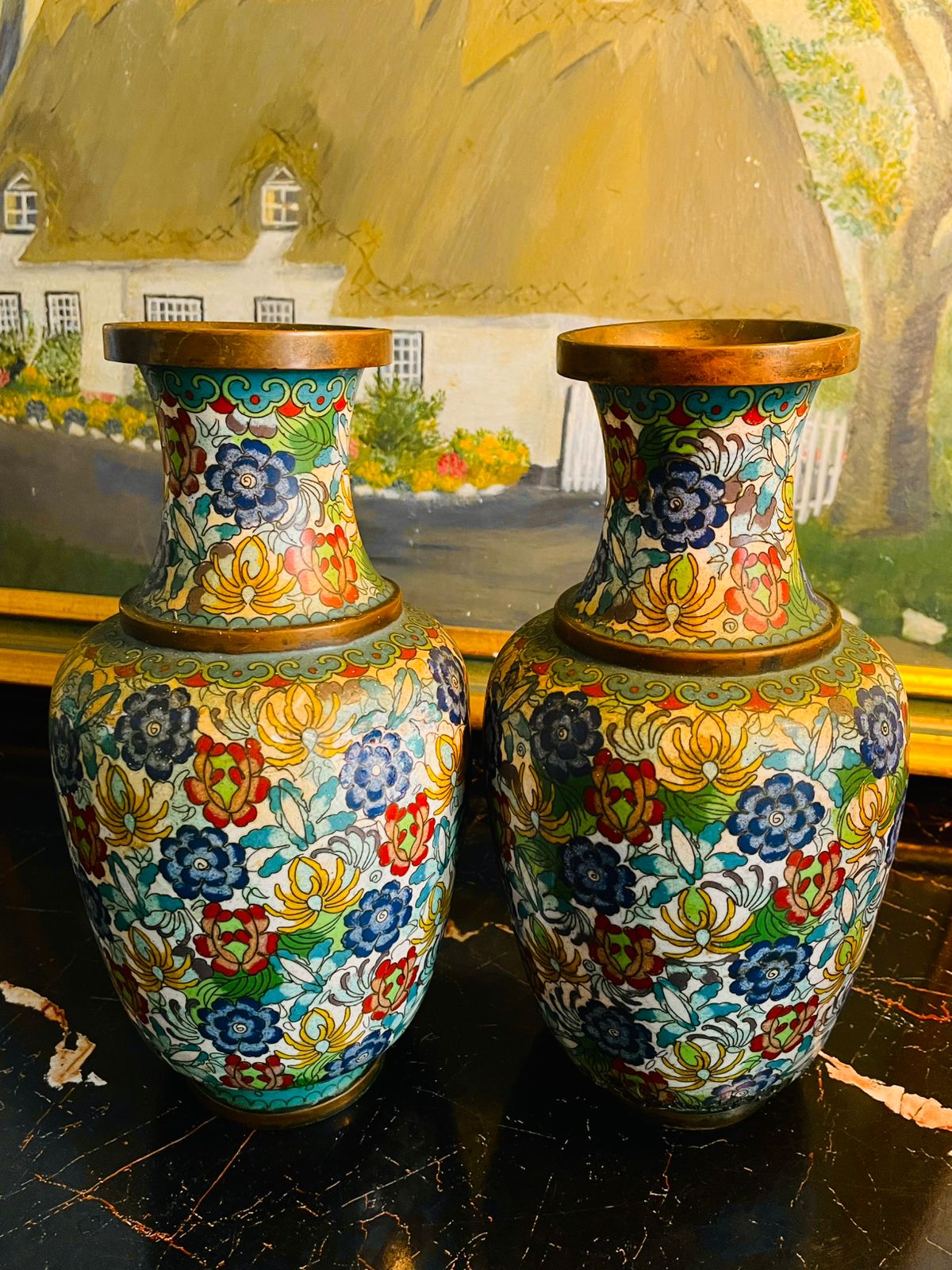 Vintage Brass Cloisonné Vases – Hand-Painted Floral Pair (20cm)