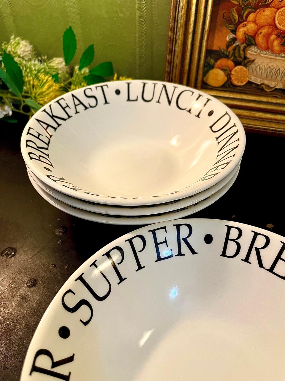 Vintage Typography Cereal Bowls Set of 4 – 7 Inch Black & White