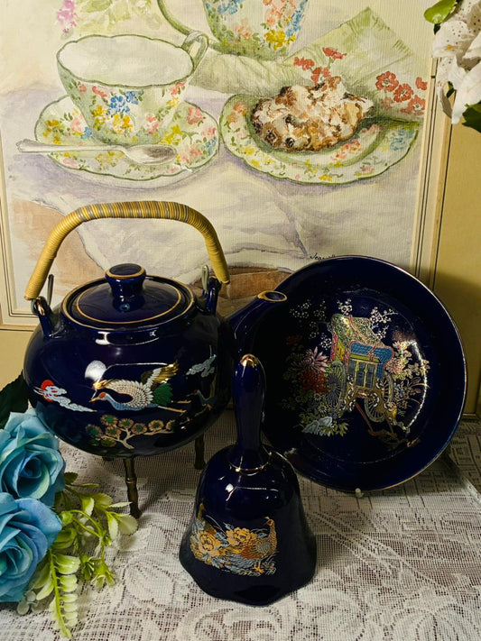 Vintage Japanese Cobalt Blue Hand-Painted Decor Set – 3 Variants