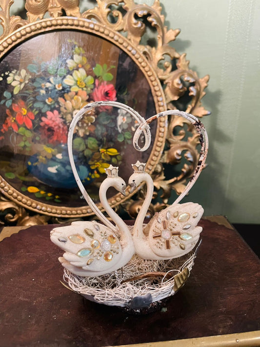 Vintage Double Swan Love Bird Figurine with Heart Frame